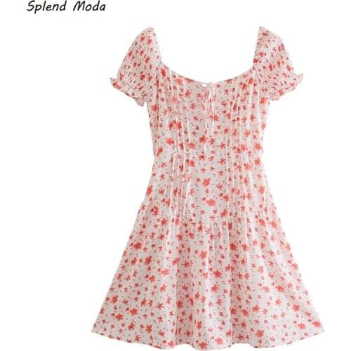 Splend Moda 2021 Summer New Chic French Print Chest Lace-Up Folds Sexy Backless Elastic A-Line Dress Women Zipper Vestido