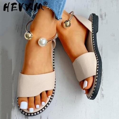 2021 Women Sandals Pearl Buckle Shoes Woman Flat Sandals Women Summer Slip-on Ladies Shoes Vintage Beach Sandalias Mujer