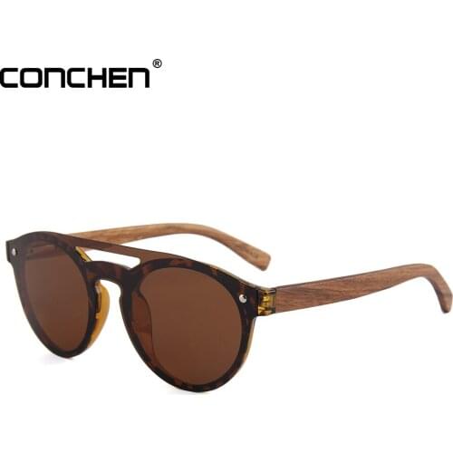 CONCHEN UV400 Polarized Wooden Sunglasses Men Fashion Bamboo Bridge Round Sun Glasses Men Polarized Spring Hinge