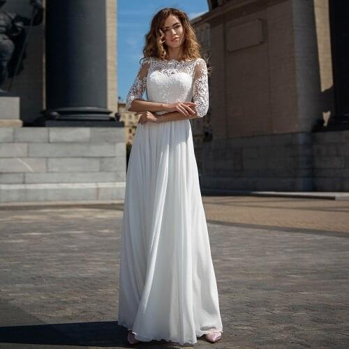Half Sleeve A-Line Wedding Dresses 2021 O-Neck Lace Appliques Pleat Backless Chiffon Elegant Bridal Gown For Women Floor Length