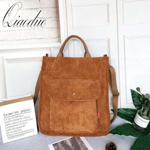 Qiaoduo Corduroy Shoulder Bag Women Vintage Shopping Bags Zipper Girls Student Bookbag Handbags Casual Tote With Outside Pocket