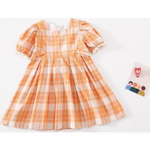 Vintage Kids Baby Girls Dress Fashion Plaid Summer Dresses O-neck Lantern Sleeve Princess Dress Kids Clothes 0-5Y