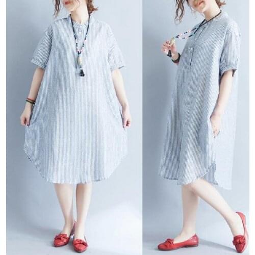 Women clothing cotton and linen stripe women dresses women dresses short sleeve one size plus size european clothing