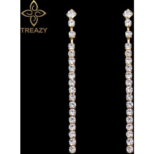 TREAZY Simple Style Crystal Bridal Long Strip Earrings Gold Color Rhinestone Dangle Earrings For Women Wedding Jewelry Gifts