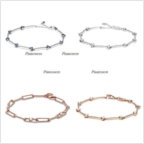 925 Sterling Silver Bracelet Blue Sparkling Pave Bars Bracelet Bangle Fit Women Bead Charm Diy Fashion Jewelry