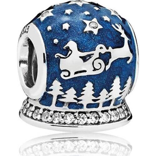 Authentic S925 Bead Christmas Night Charm Midnight Blue Enamel Beads Crystal for Women Bracelet Bangle Jewelry