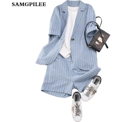 2020 Sale New Short Sleeve Casual Single Turn-down Collar Elastic Waist Above Knee, Mini Striped Women Set Plus Size