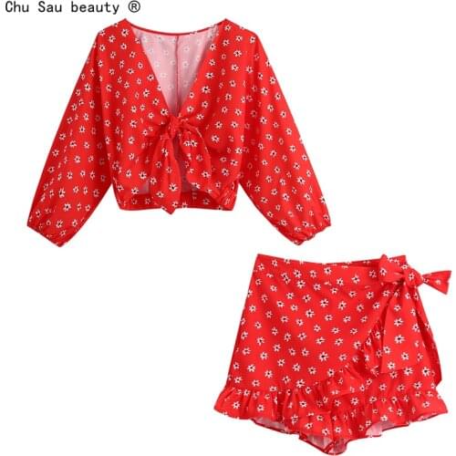 2021 Summer New Lapel Long-Sleeve Single-Breasted Casual Fashion Vintage Printed Short Shirt + Elastic Waist Shorts Suit Women