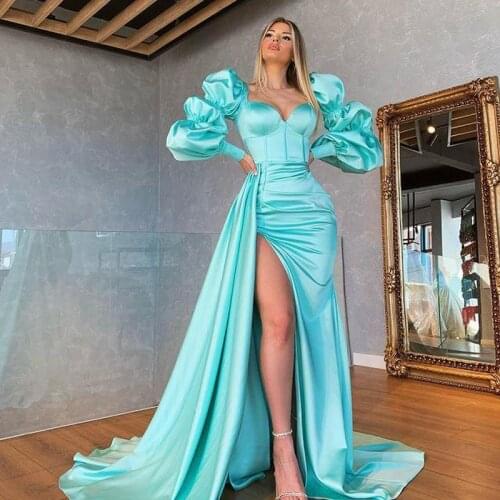 New In Elegant Satin Prom Dresses Puff Long Sleeves Sweetheart High Split Women Formal Evening Pageant Gowns Plus Size Custom