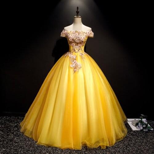 New golden long sweat lady girl women princess prom evening banquet party ball dress gown performance dress free shipping