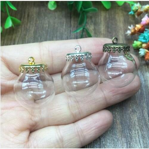 20sets/lot 20*12mm Glass globe with crown bronze base set glass vial pendant DIY glass bottle dome cover necklace pendant charms