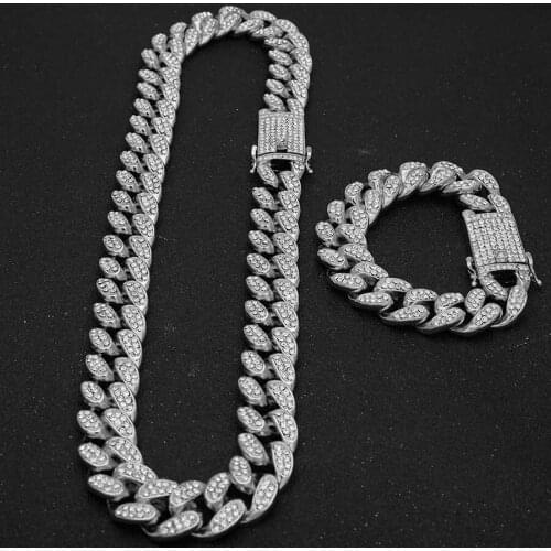 20mm Hip hop Men Jewelry set Miami Cuban Curb Link Chain Necklaces Bracelet Silver Plated Golden Full Rhinestone Clasp Necklace