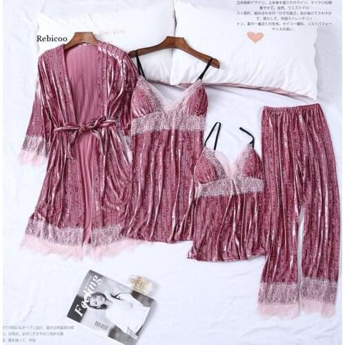 4Pcs Sleep Set Women Velvet Pajamas Suit Autumn Newsexy Lace Kimono Bathrobe Gown Soft Velour Sleepwear Nightwear Pyjamas