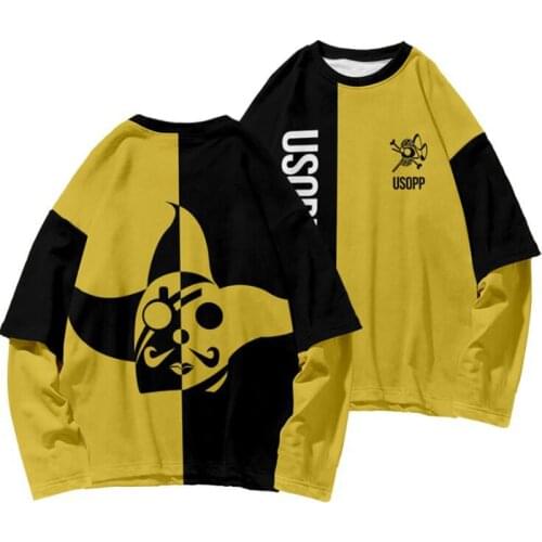 Anime One Piece Usopp T Shirt Oversized Fake Two Pieces Long Sleeve Tshirt Mens Casual O Neck T-Shirt for Man Top Graphic Tees