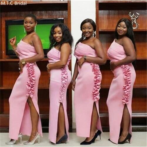 Graceful One Shoulder Pink African Bridesmaid Dresses Side Slit Sheath Pleat Satin Plus Size Black Girls Wedding Guest Dress