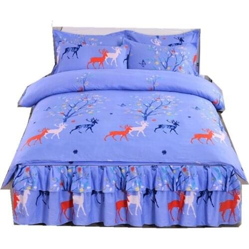 22 Kinds Sanding Bed Skirt + Duvet Cover +pillow Cases 4 Pcs Bedding Set For 1.5M 1.8M 2.0M Bed Twin Queen King Size Blue Deer