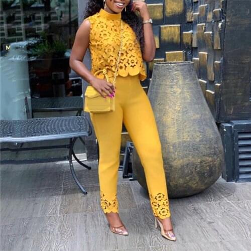 Pant Sets Casual Women Leisure elegance Lace Hollow Sleeveless Crop Top Shirt Pants Office Outfit Suit Womens Clothing 2021