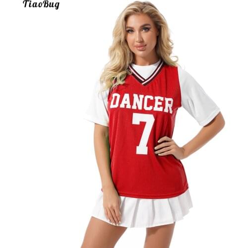 TiaoBug Women Student Sport Cheer Clothes Set Shorts Sleeve Letter Number Print Top With Safety Shorts Inside Pleated Skirt