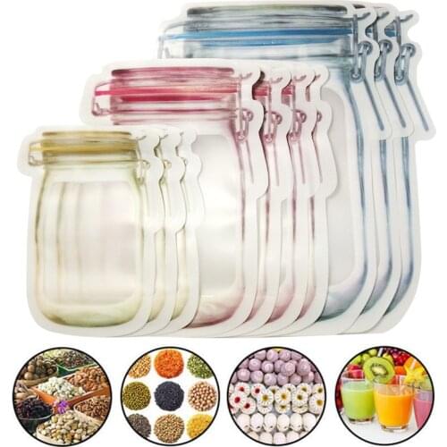 Mason Jar Bottles Ziplock Bags Reusable Food Storage Bag for Snacks Nuts Candy Biscuit Cookies Bags Kitchen Organizer Sealed Bag