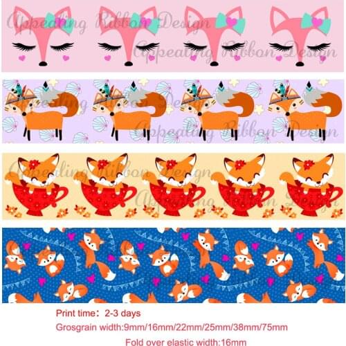 Custom cartoon fox 9mm 16mm 22mm 25mm 38mm 75mm printed grosgrain ribbon 16mm animal print foe elastic ribbons 50 yards