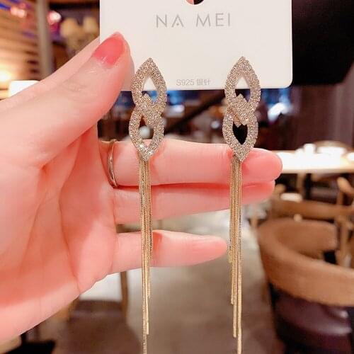 Luxury Brand Gold Bar Long Thread Tassel Drop Earrings for Women Crystal Big Dangle Earring Wedding Party Fashion Korean Jewelry