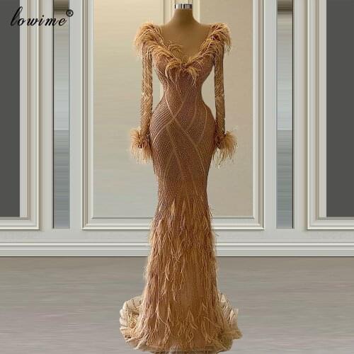 Luxury Gold Evening Dresses 2021 Beads Long Sleeves Formal Evening Gowns Feathers Prom Dresses For Women Vestido De Fiesta