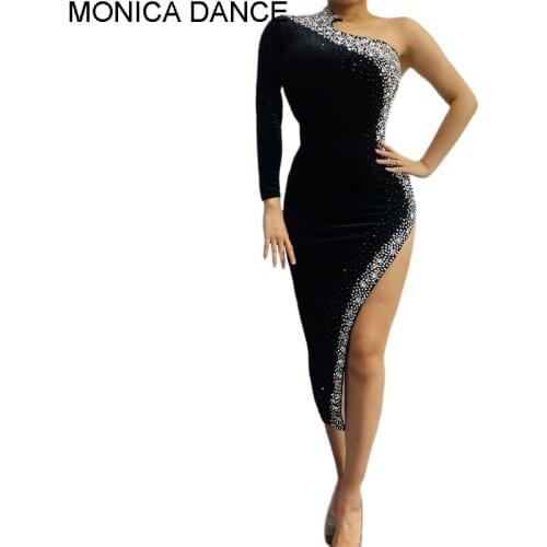 Sexy Stage Black Rhinestones Single Shoulder Latin Dress Women Dancer Singer Performance Show Wear Prom Party Novelty Outfit