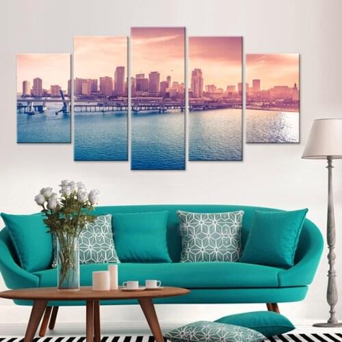 Modern Canvas Pictures HD Printed Wall Art Frame 5 Pieces Bridge Buildings Living Room Home Decoration Seascape Painting Posters