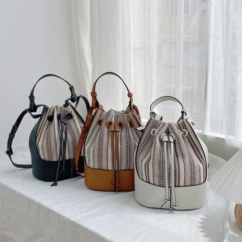 Drawstring Bucket Crossbody Bags For Women Striped Canvas Leather Splice Women Shoulder Bag Large Capacity Pu Leather Handbags