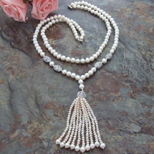 YYGEM class 2 Strands Cultured White Round Freshwater Pearl Oval Cubic Zirconia Pave connector Pendant Necklace for women 22"