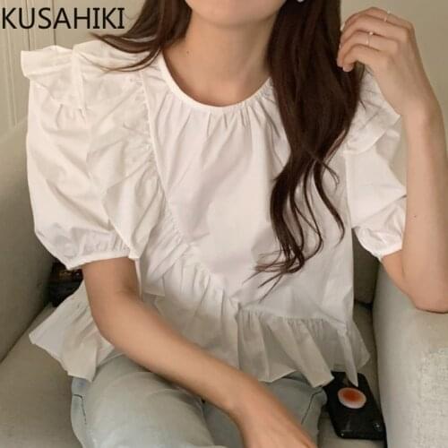 KUSAHIKI Sweet O-neck Short Blouse Tops Korean Chic Puff Sleeve Woman Shirts 2021 New Irregular Ruffle Blusas Mujer Moda 6K764