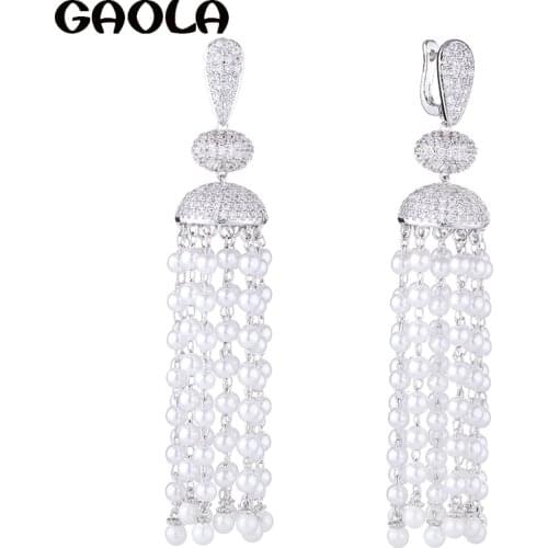 GAOLA New White Gold Color Clear Cubic Zirconia Imitation Pearls Long Tassel Dangle Earrings for Woman GLE7483