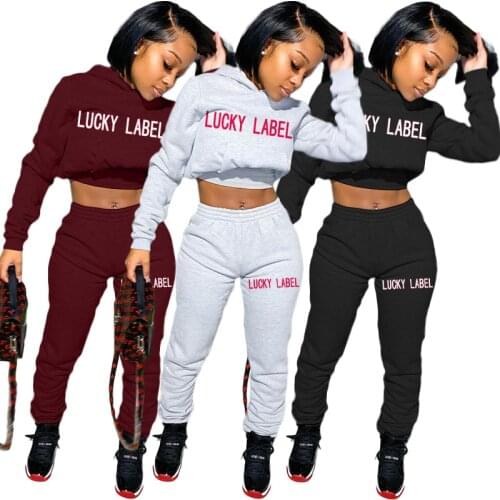 Adogirl Lucky Label Embroidery Women Set Full Sleeve Hoodies Crop Tops Legging Pants Two Pieces Set Casual Tracksuits Activewear