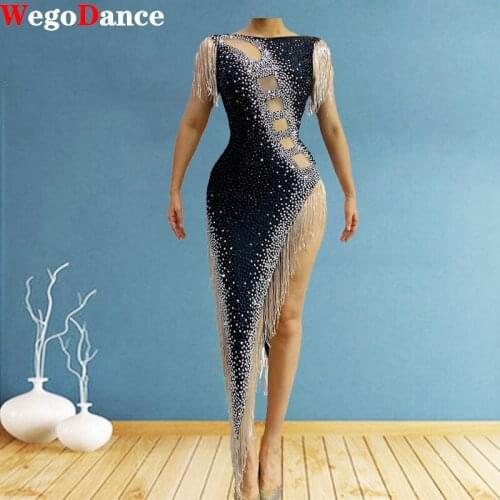 Sparkly Crystal Fringe Irregular Latin Dance Hollow Pearl Bead Strait Shoulder Birthday Outfit Women Show Costume