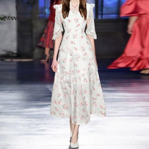 Qian Han Zi spring fashion runway summer long dress elegant Flower print Lace Embroidered Hollow Maxi Dress 2021 women new