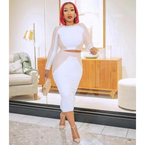 2021 New Autumn Women Bandage Dress High Quality Rayon Full Sleeves Back Zipper Patch Designs O Neck Woman Sexy Elegant Club