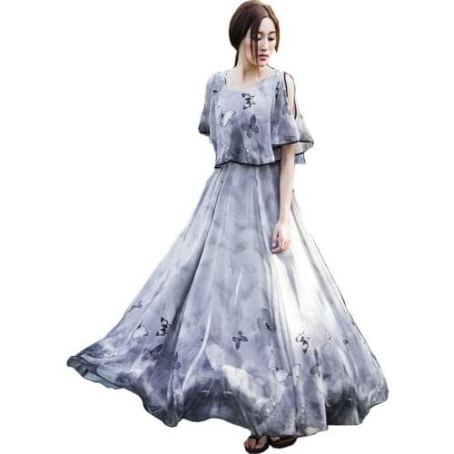 2021 Summer New Women Fashion Chiffon Printed Dress Short Sleeve Elastic Waist Large Size Beach Sexy strapless Dresses Vestidos