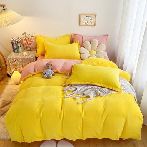 Winter solid color Lemon yellow Warm Soft Plush Fleece Bedding Set Thick Duvet Cover Bed Linen Fitted Sheet Pillowcases