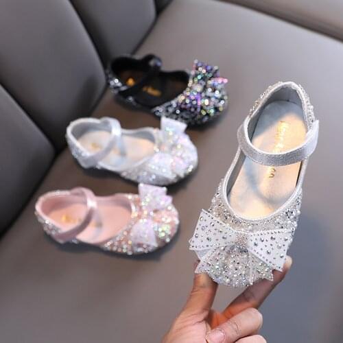 2021New Girls Princess Shoes For Wedding Party Dance Kids Shoes Silver Pink Black Rhinestone Bowknot Children Leather Shoes