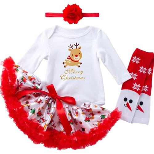 Baby girls Christmas children clothing Long Sleeve romper Cartoon Elk alphabet gloves Halter Puff Skirt Socks headband set 4pcs