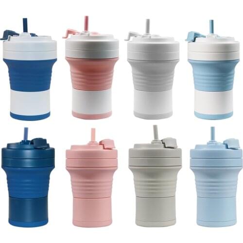 5PCS Food Grade Silicone Coffee Cups With Straw BPA FREE 550ML Water Cup Outdoors Camping Hiking Foldable Water Bottle