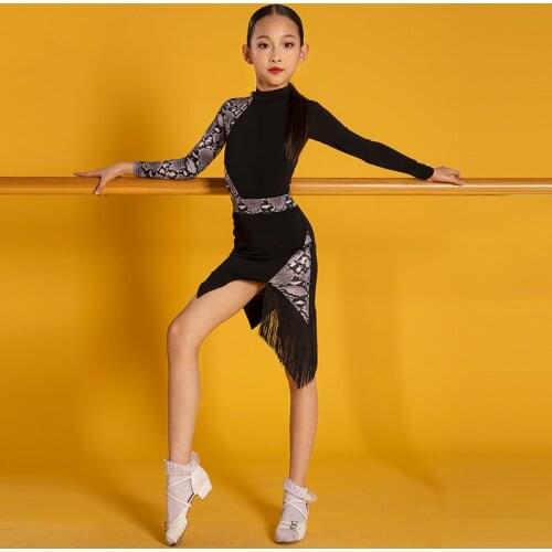 Latin Dance Costumes For Kids Black Fringe Practice Clothing Professional Modern Dance Competition Dress Rumba Dancewear DWY5209