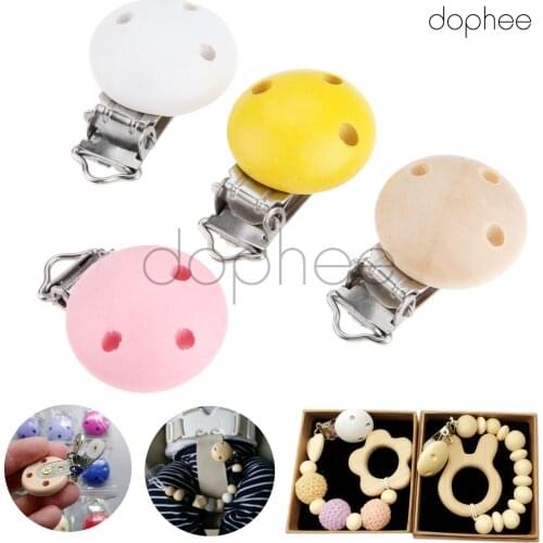 Dophee 100pcs Multi-Color Natural Wooden Baby Pacifier Clips Cute Round Multi-Function Clips Funny Baby Bibs Clips