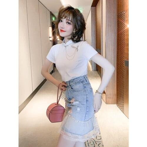 Chinese wind bead chain collar T-shirt + hot drills the net yarn splicing bull-puncher skirt suits summer new woman