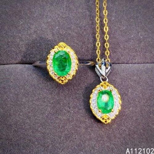 KJJEAXCMY fine jewelry 925 sterling silver inlaid natural emerald luxury girl ring pendant suit support test Chinese style