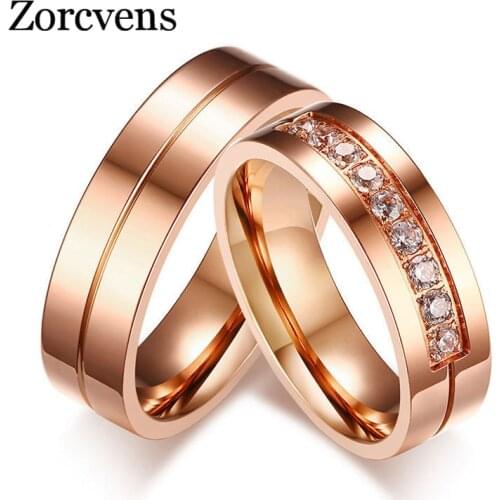 ZORCVENS Trendy Wedding Bands Rings for Women / Men Love Rose Gold-color Stainless Steel CZ Promise Jewelry alliance anel