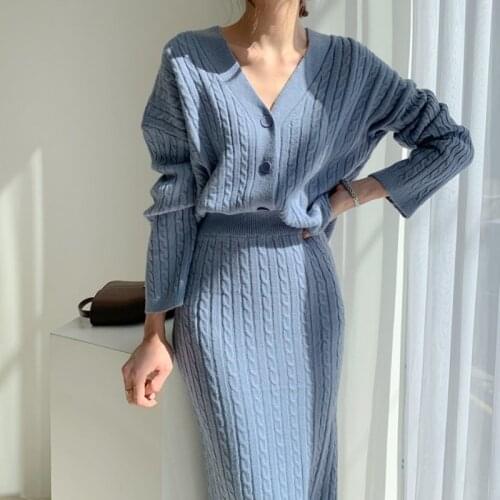 ZAWFL Two-piece women knitted dress set Elegant autumn winter sweater dress suits Long sleeve button pure skirt suit