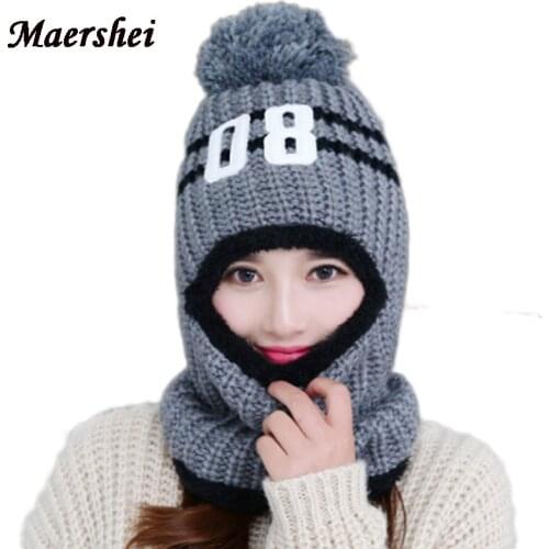 MAERSHEI High Quality Ski Cap 2019 New Brand Wool Fur Lining Ball Cap Pompom Winter Hat For Women Girls Warm Knitted Scarf Hat