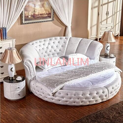 Genuine Leather multifunctional bed frame Nordic camas ultimate bed round bed night stands with crystal buttons white color