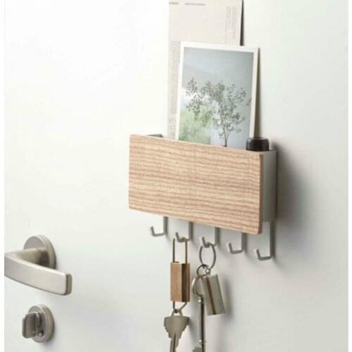 Wall-Mounted Key Rack with Hook Hole-Free Remote Control Storage Box Multi-Function Solid Wood Small Items Sundries Storage Rack